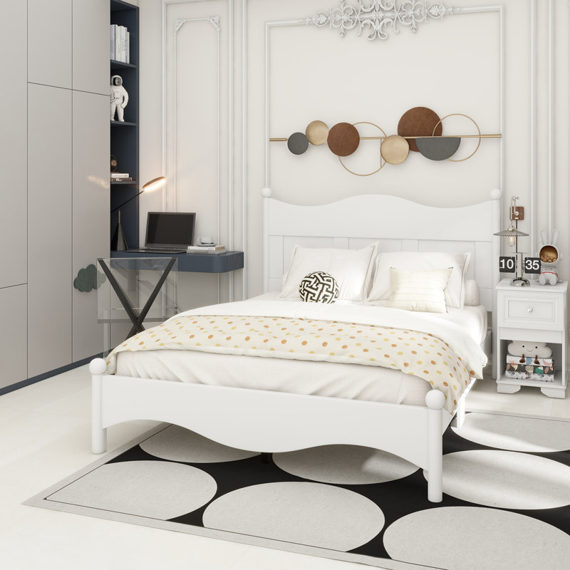 Queen Size Elegant Design Wood Platform Bed Frame,Retro Style Platform Bed With Wooden Slat Support,, White