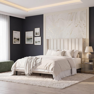 83.1"L x 61.8"W x 52"H Queen Bed Frame with Upholstered Tufted Headboard and Charging Ports, Vertical Striped Platform Bed for Bedroom, Metal and Engineered Wood, Cream