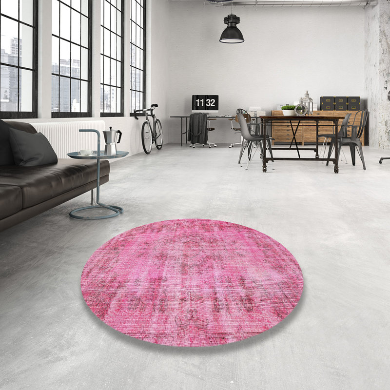 Tapis floral en laine rose clair, Rond 7 pi