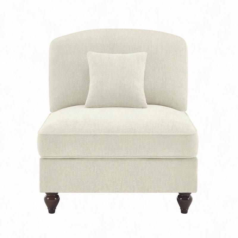 Armless Sofa Chenille W/1 Pillow, Beige/White
