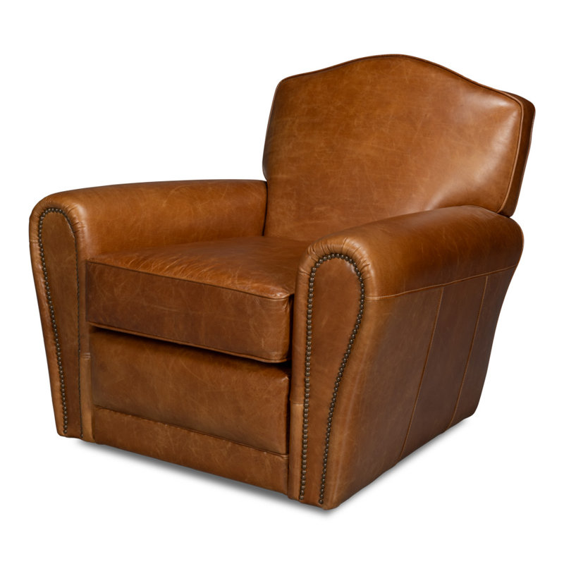 Fauteuil pivotant en cuir fleur 36 po Elite, Cuir véritable brun