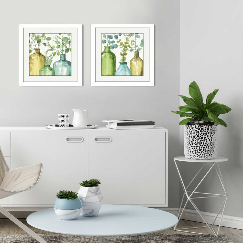« mixed verts lv », ensemble de 2 reproductions de peintures à l’aquarelle encadrées, H 16,5 po x l 33 po x P 1 po, Blanc mat