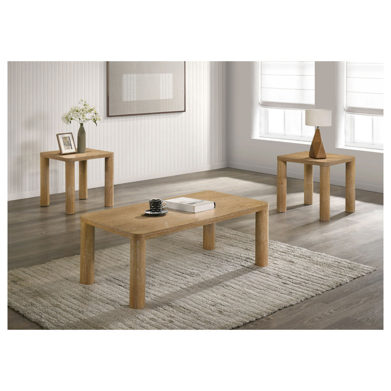 Ensemble de table basse 3 pièces Bryant en chêne clair avec plateau rectangulaire et structure en bois d'hévéa