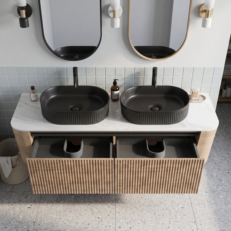 Wall Mounted Single Double Single Vanity Bathroom Vanity With Engineered Marble Top, Chêne