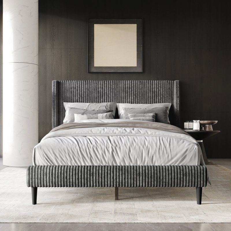 Contemporary Wingback Platform Bed, Gray, Full