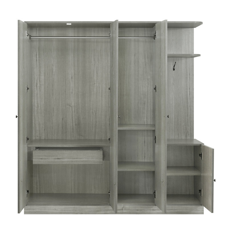 Armoire 4 portes avec rangement ouvert et miroir, Gris
