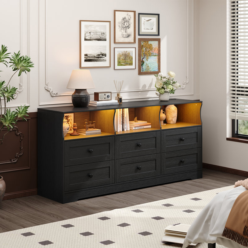 Commode 6 tiroirs pour chambre à coucher, commode en bois mince avec prises de courant, lumière DEL et tablette ouverte, Noir