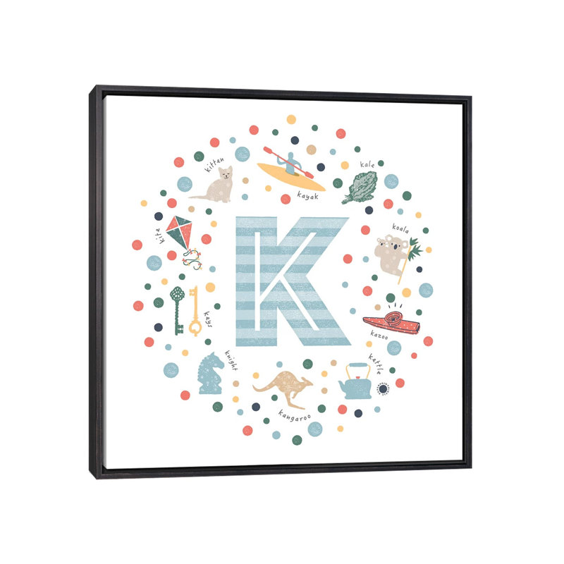 Lettre K illustrée, impression bleue, H 26 po x l 26 po x P 1,5 po, Toile avec cadre noir patiné, Pas de tapis