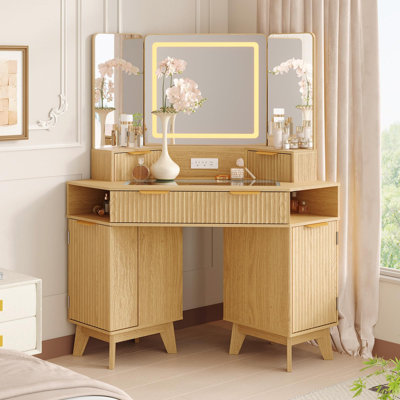 48 Inch Fluted Makeup Vanity Desk with Mirror and Lights, Modern Corner Makeup Vanity with Glass Top, Charging Outlet & 3-Panel Lighted Mirror, Dressi by Wrought Studio