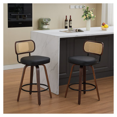 Set of 2 26 Inch Counter Height Swivel Bar Stools with Cane Back, Upholstered Seat, Walnut Craftsmanship - Ideal for Kitchen Island, Counter, Bar (Walnut Black)