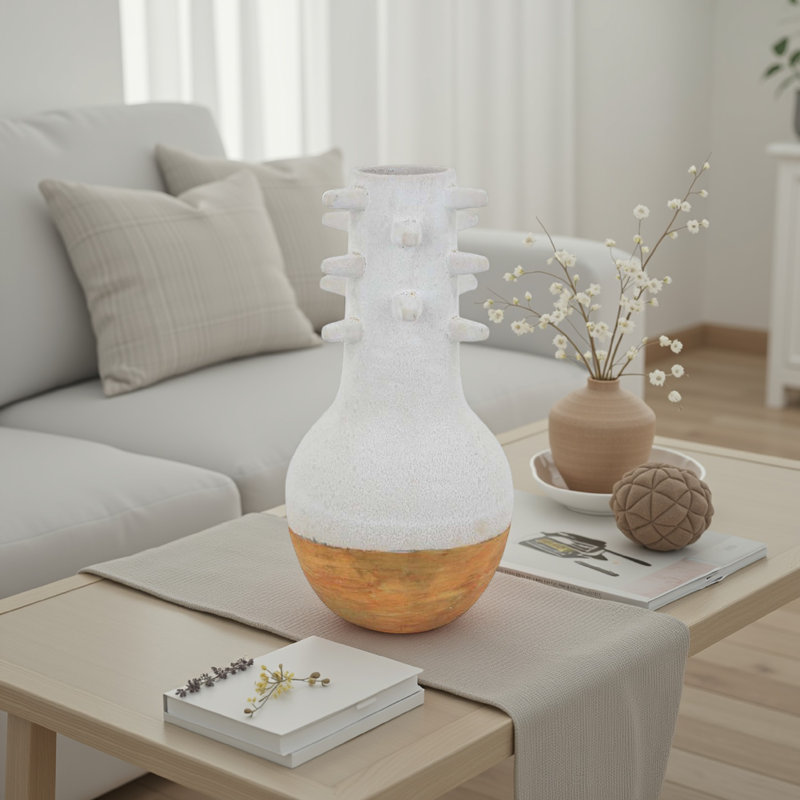 Enya Flower Vase, 3D Spiked Accent Narrow Neck, Ceramic, , 15" H x 8.75" W x 8.75" D, White/Brown