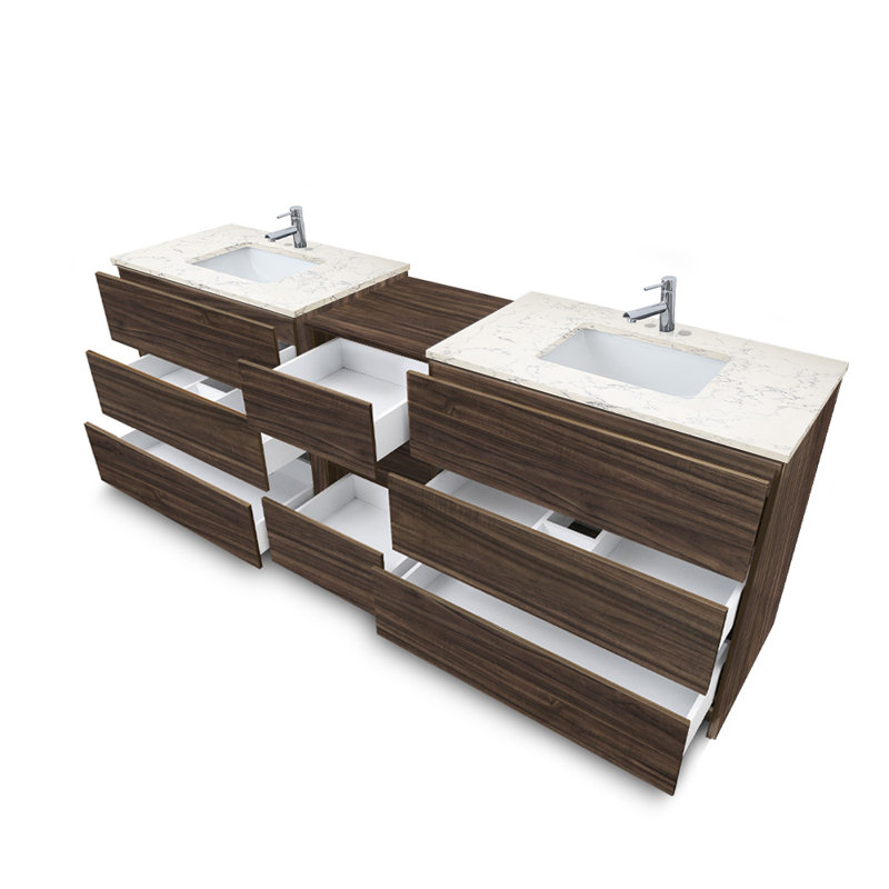 Ella 92'' Double Bathroom Vanity with Engineered Quartz Top, 4" Centerset, Lyra White, Brown