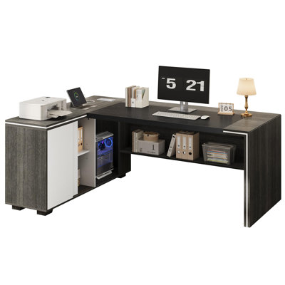 71" L-Shaped Executive Desk With Cabinet Storage, Storage Shelves, Under-Desk Bookshelf, CPU Stand