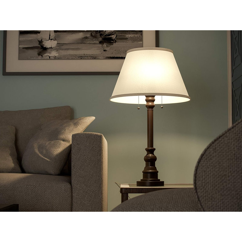 Bronze Table Lamp - Classic Retro-Modern Style With Linen Shade And Pull Chain Switches