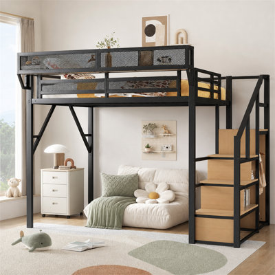 Black Full Size Metal High Loft Bed with Stairs, Storage Shelves and Wardrobe, Multifunctional Patent Loft Bed for Kids and Teens Bedroom