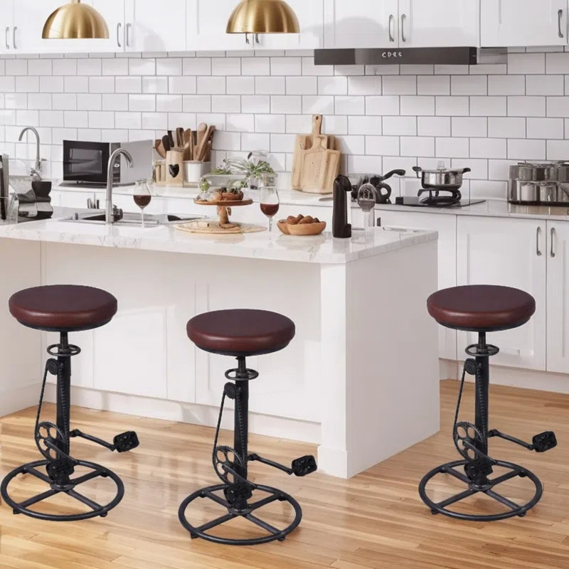 Analeesa Swivel Upholstered Adjustable Height Counter Stool with Metal Frame, Dark Brown  Faux Leather/Black Silver Frame