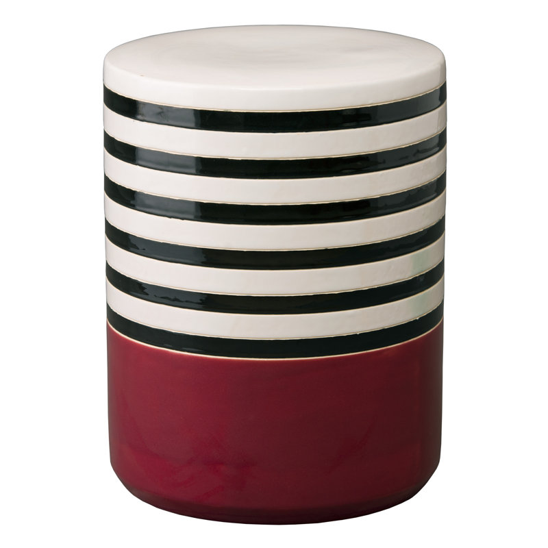 Tabouret de jardin rayé en céramique fabriqué à la main H 18,5 po, Blanc / Rouge
