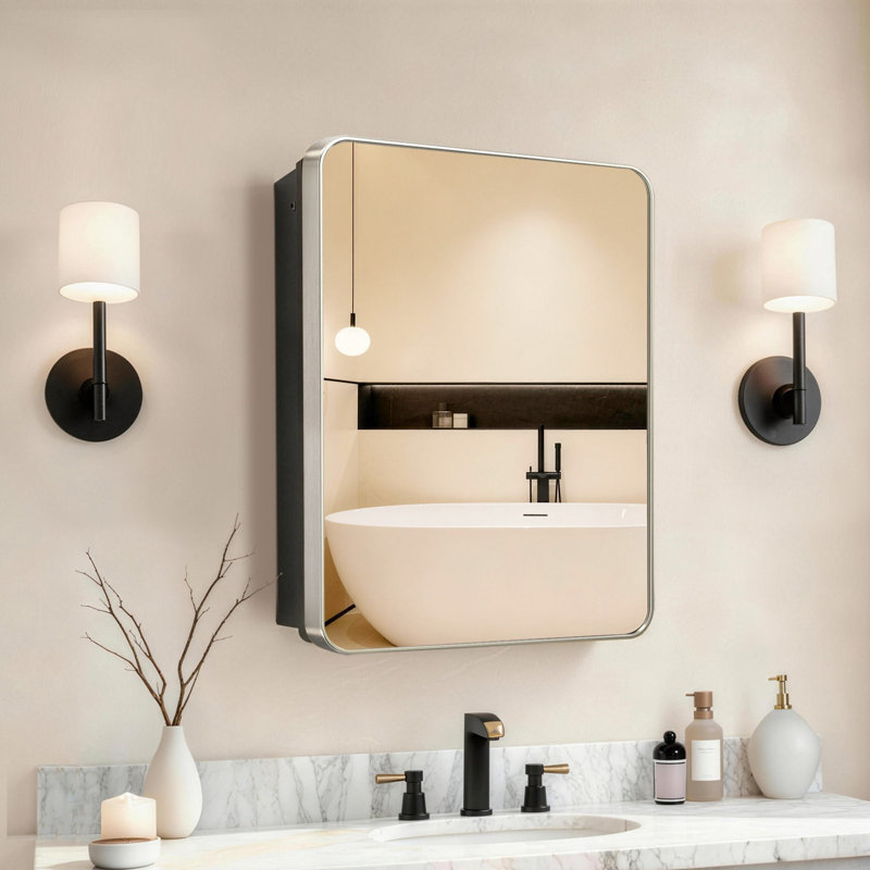 Miroir encastré ou en saillie de 16 po x 20 po avec tablettes ajustables pour armoire à pharmacie, Noir mat