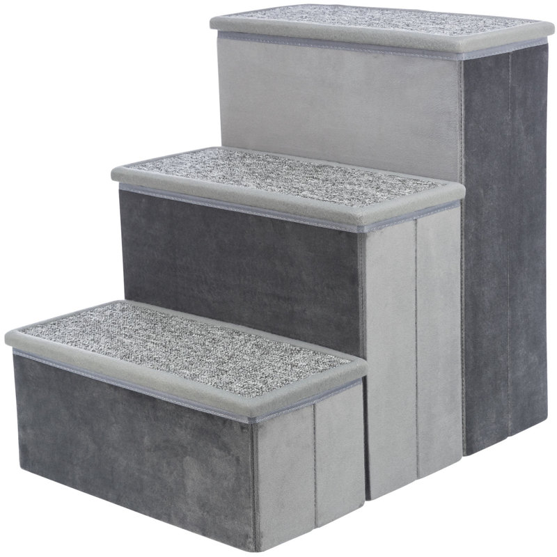 Gray Velour Foldable 3-Step Pet Stairs with Storage