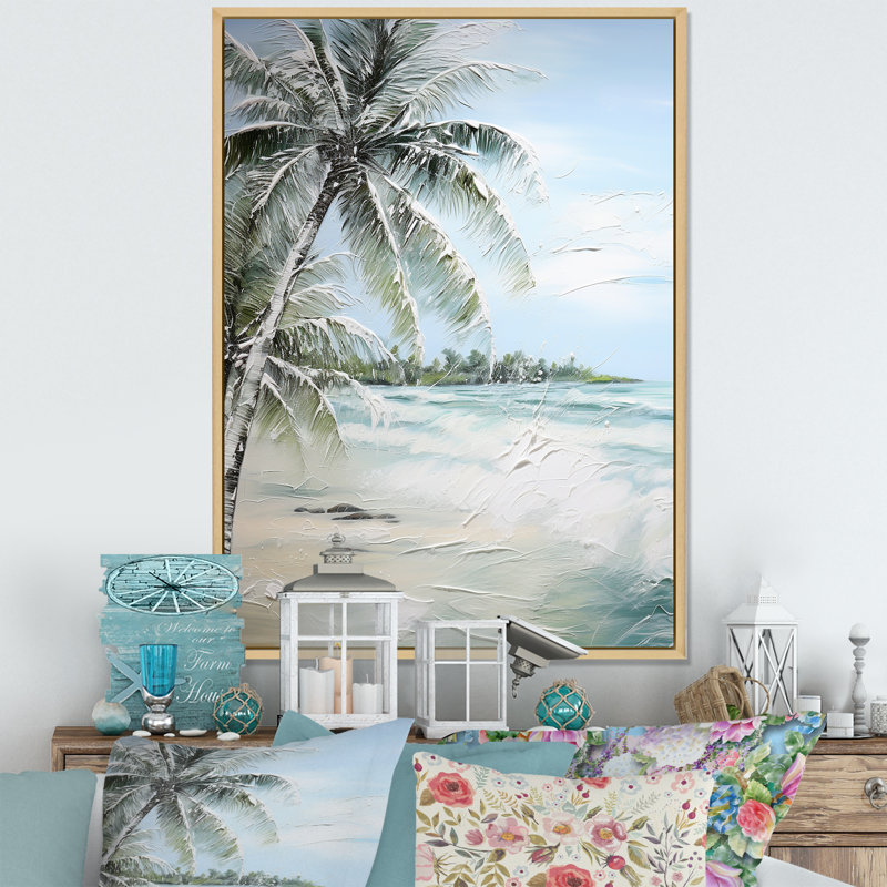 Palmier avec vue sur l'océan et paradis, H 44 po x l 34 po x P 1,5 po, Cadre naturel flottant