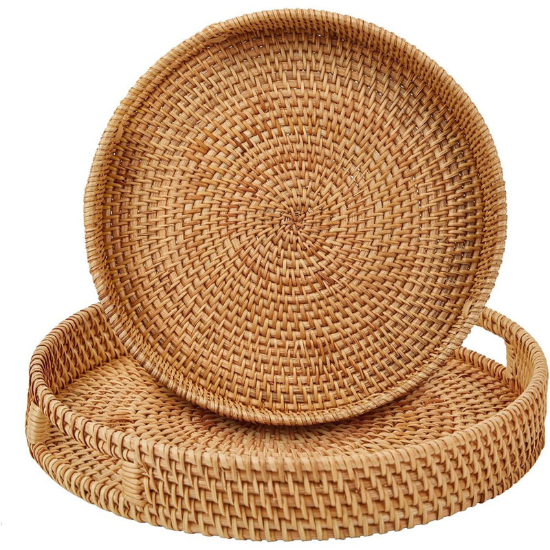 Ensemble de plateaux de service ronds en rotin avec poignées, plateaux décoratifs tissés à la main pour le déjeuner, le thé, les collations et l'organisation à la maison