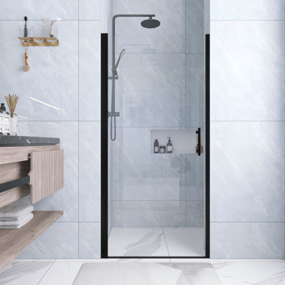 34 po x l 72 po H demi-cadre, porte de douche pivotante avec verre trempé transparent de 1/4 po d'épaisseur en noir mat | Cadre en aluminium | Poignée en acier inoxydable