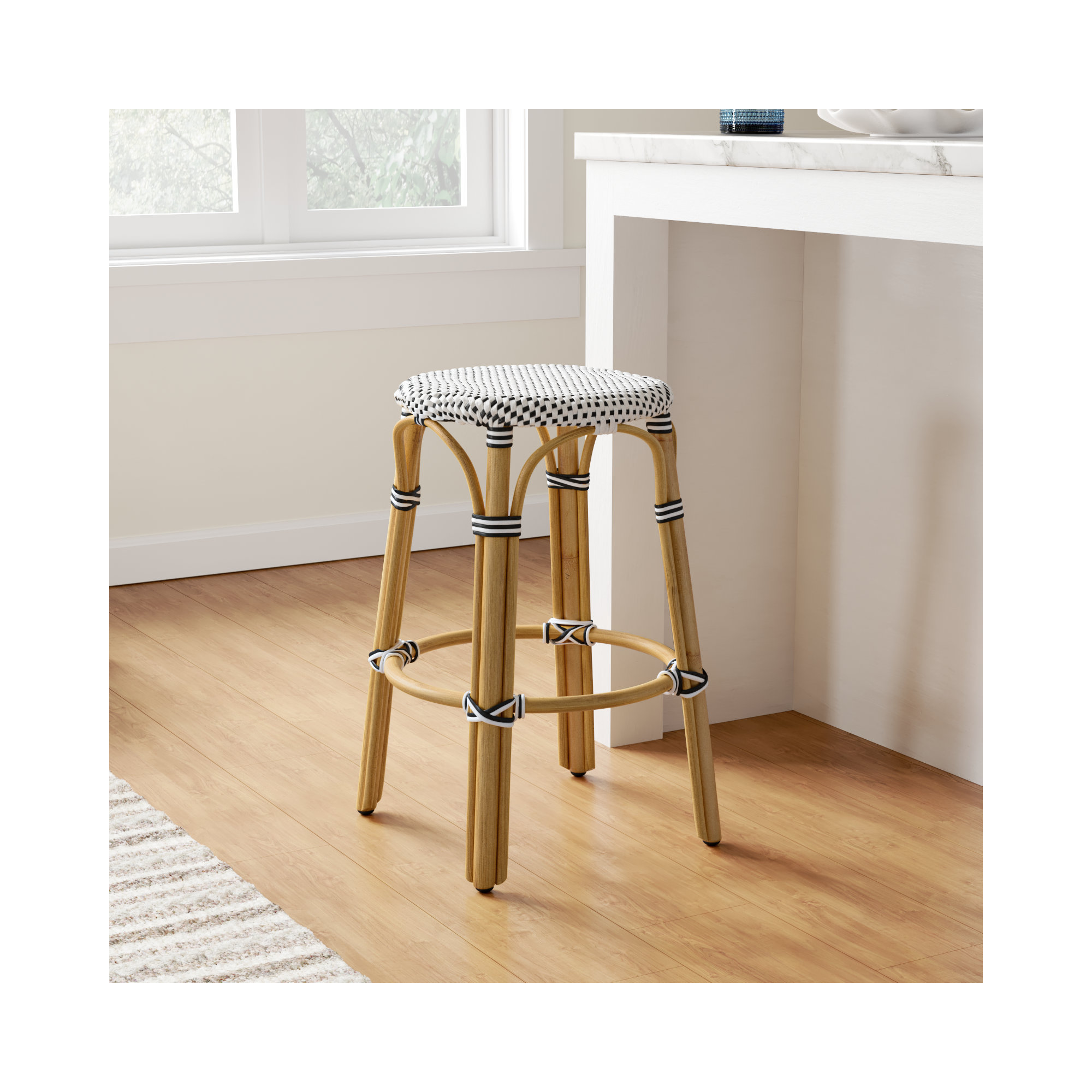 Alastair Bar & Counter Stool, White/Black Dot/Natural Rattan Frame, Counter Stool (24" Seat Height)