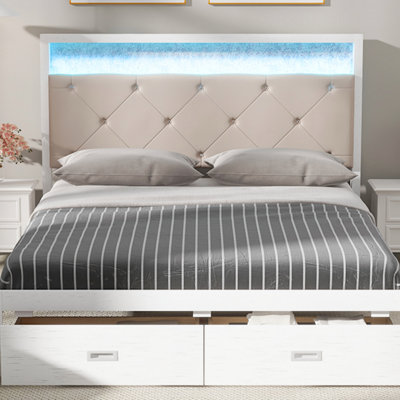 Wood  Platform Bed with Upholstered Headboard and LED and 2 Drawers