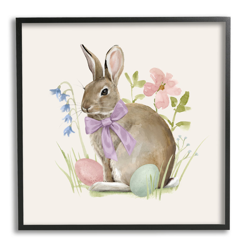 Lapin de printemps, œufs de Pâques, fleurs en fleurs, giclée noire encadrée, art texturé par Victoria Barnes