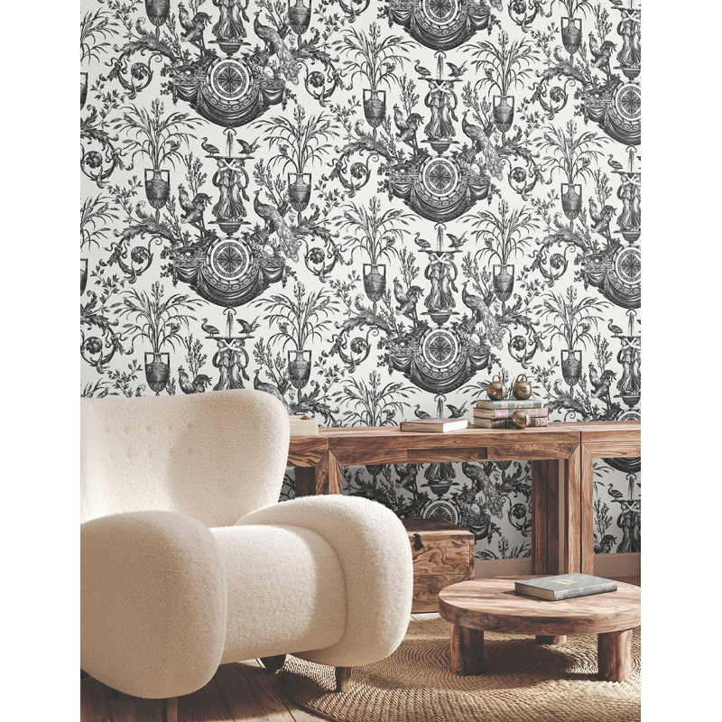 Avian Fountain Toile Wallpaper Roll, Black