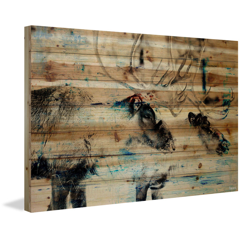 « conversating cerf » par parvez taj,, reproduction d’art sur bois de pin naturel, H 40 po x l 60 po x P 1,5 po