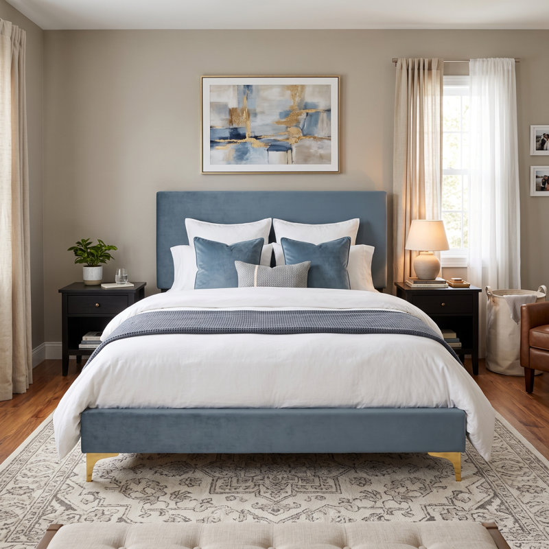 Rhea Upholstered Velvet Standard Bed, King, Blue