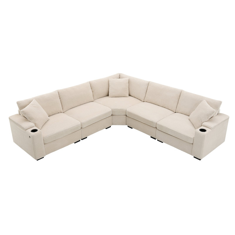 106" Convertible L Shaped Sectional Sofa, Beige Corduroy