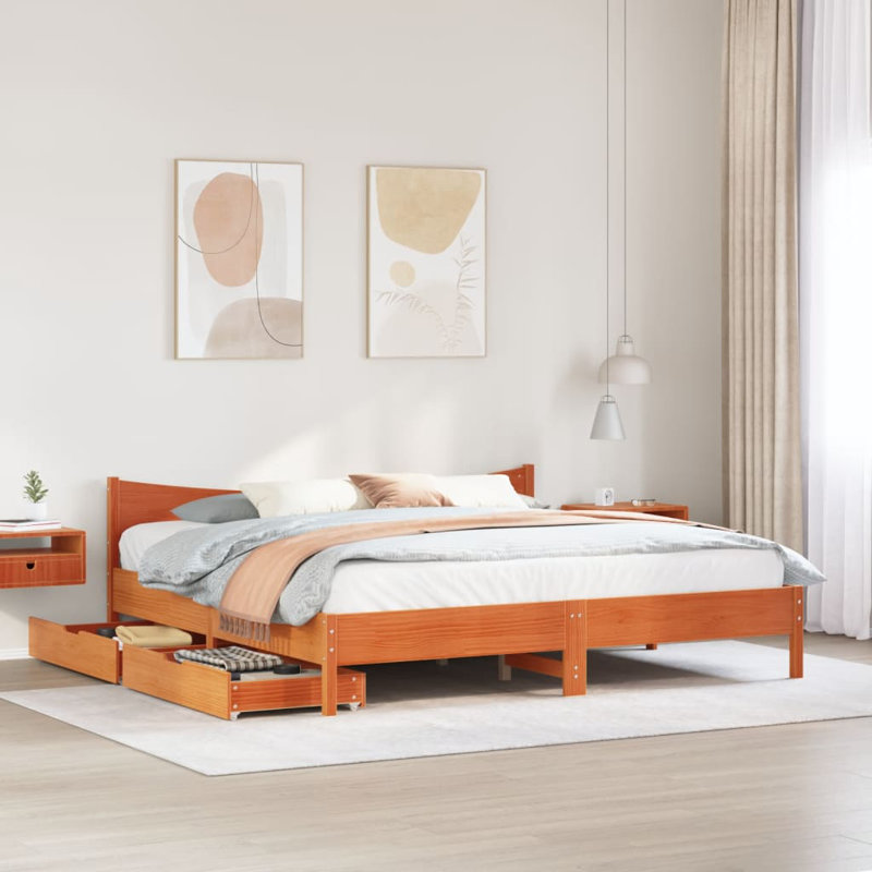 Solid Wood Storage Bed, Wax Brown, 200 x 200cm