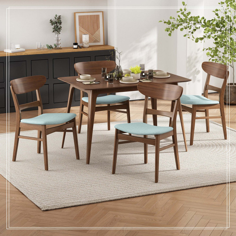 Ensemble de salle à manger 5 pièces de style Mid-Century moderne, structure en bois d'hévéa, une table et 4 chaises rembourrées, noyer et menthe