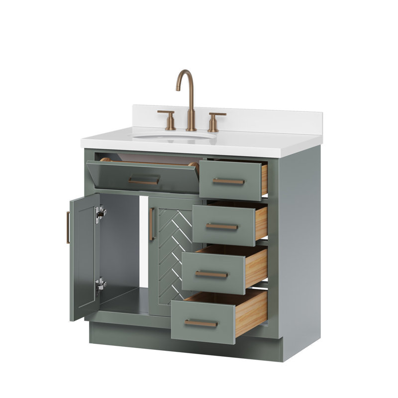 Meuble-lavabo simple en bois massif 36 po Tidworth avec plateau en quartz 1,5 po, Ovale, Gauche, Vert rétro