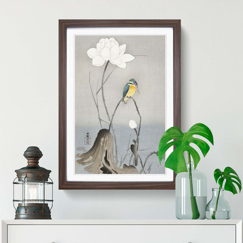 Kingfisher with Lotus Flower by Ohara Koson - Picture Frame Painting Print, 60cm H x 40cm W x 2cm D, Walnut