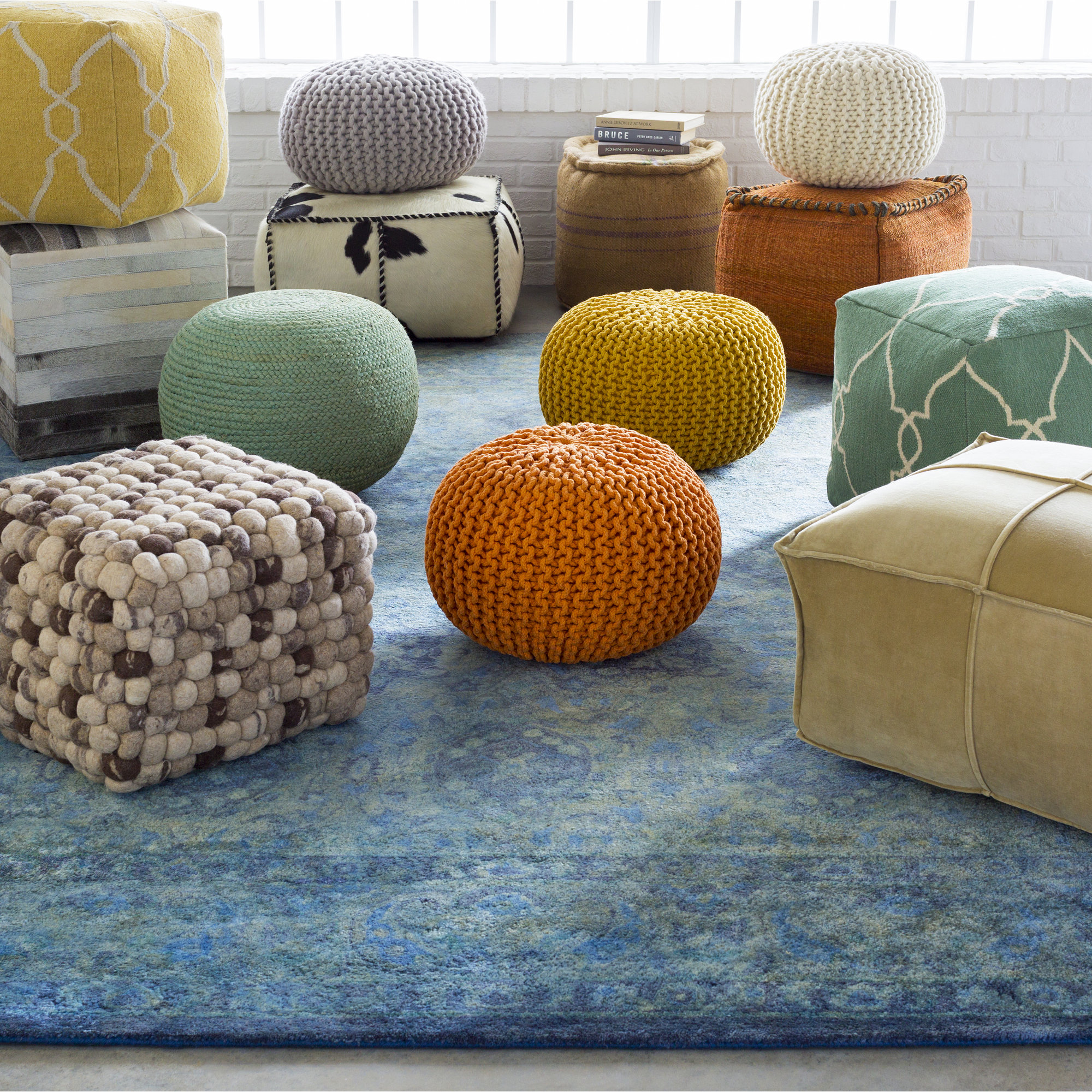 Rodriguez Upholstered Pouf, Aqua