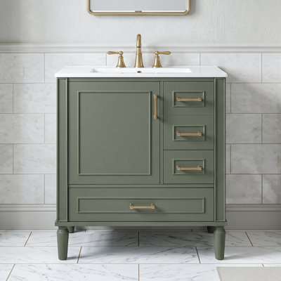 Meuble-lavabo autoportant en bois massif de 30 po + panneau de fibres à densité moyenne avec lavabo intégré en céramique, armoire de bain en vert olive avec support de porte, tiroirs à fermeture en douceur et porte