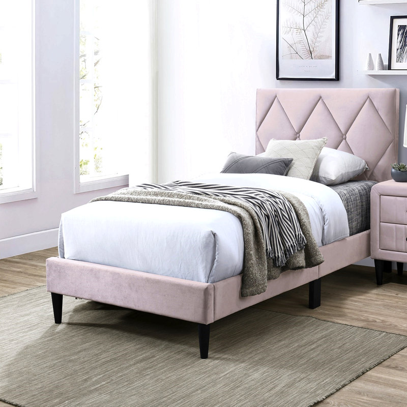 Lit double avec tête de lit réglable 1pc, mobilier de chambre en velours rose clair pour les jeunes, Full, Light Pink