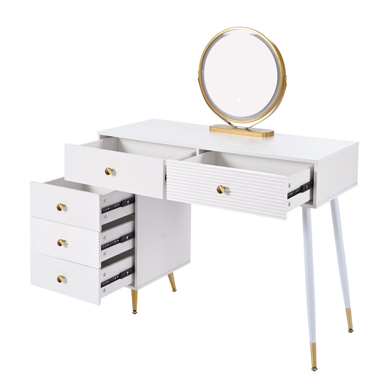 Bayro White Dressing Table with LED Mirror and Adjustable Side Cabinet