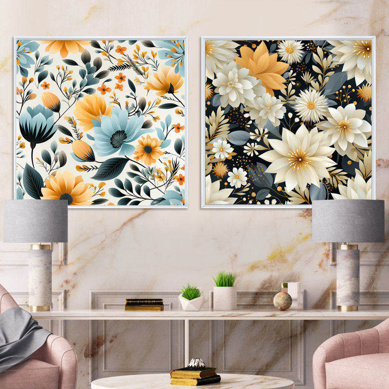 Montpetit - Ensemble de 2 collages floraux carrés, Cadre flottant blanc, H 16 po x l 33 po
