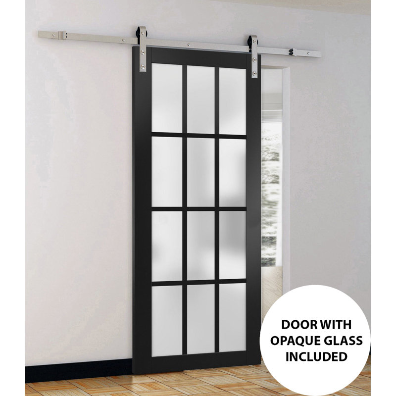 Porte de grange robuste à 12 carreaux en verre dépoli Felicia 3312, noir mat, rail de 2 m (6,6 pi), quincaillerie robuste, porte intérieure à panneau plein - 61 cm x 244 cm (24 po x 96 po) - Rail argenté