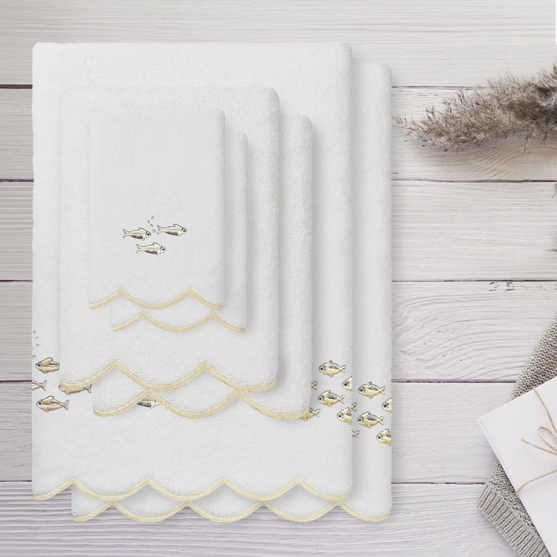  100% Turkish Cotton FISH SCHOOL Scallop 3PC Embellished Towel Set, White/Beige, 3 Piece Towel Set