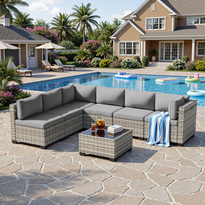 7-Piece Outdoor Sectional Sofa Set With HDPE Wicker, Cushions & Coffee Table, Modular Patio Conversation Set, Gray