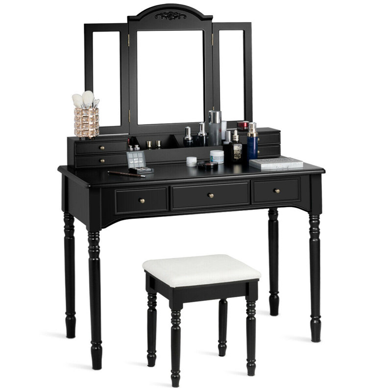 Ensemble de coiffeuse avec tabouret et miroir, Noir
