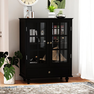 Buffet de rangement noir avec tablettes réglables et plateau courbé gracieusement, pour la cuisine, la chambre à coucher - Poignées en bronze rétro, portes doubles à tiroir en verre trempé minimaliste en verre trempé, salon,