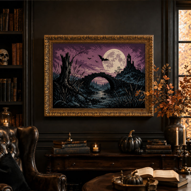 Pont de pierre et tour en ruine sous une lune violette - Toile murale d'Halloween, 20"H x 30"W