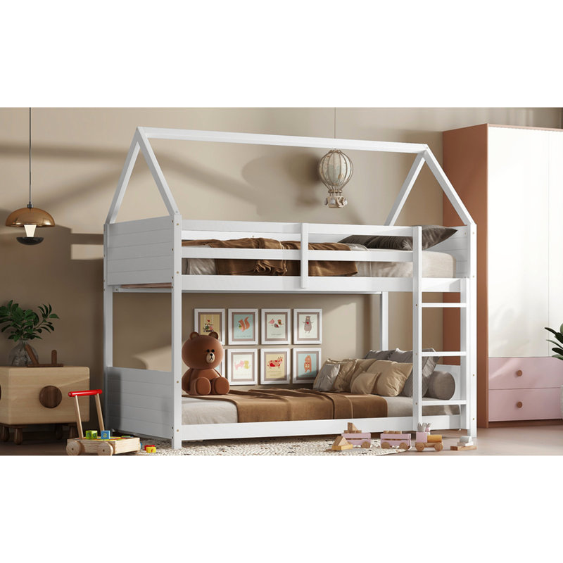 Lit simple au-dessus d'un lit superposé blanc avec têtes de lit - pieds de lit et garde-corps en bois d'hévéa, Blanc
