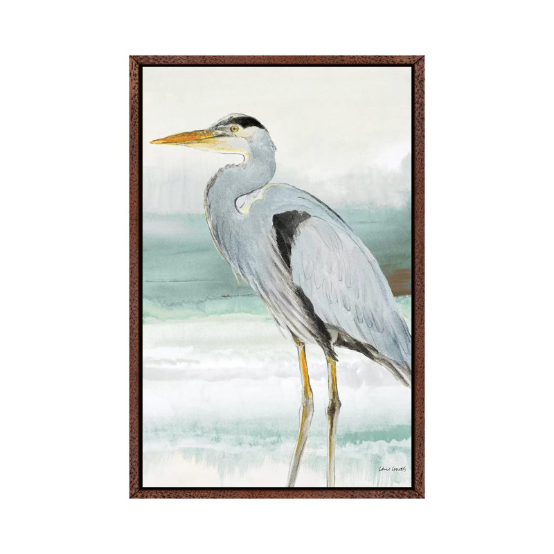 Heron On Seaglass I by Lanie Loreth - Painting on Canvas, 66.04 cm H x 45.72 cm W, Classic Brown Wood Framed Canvas